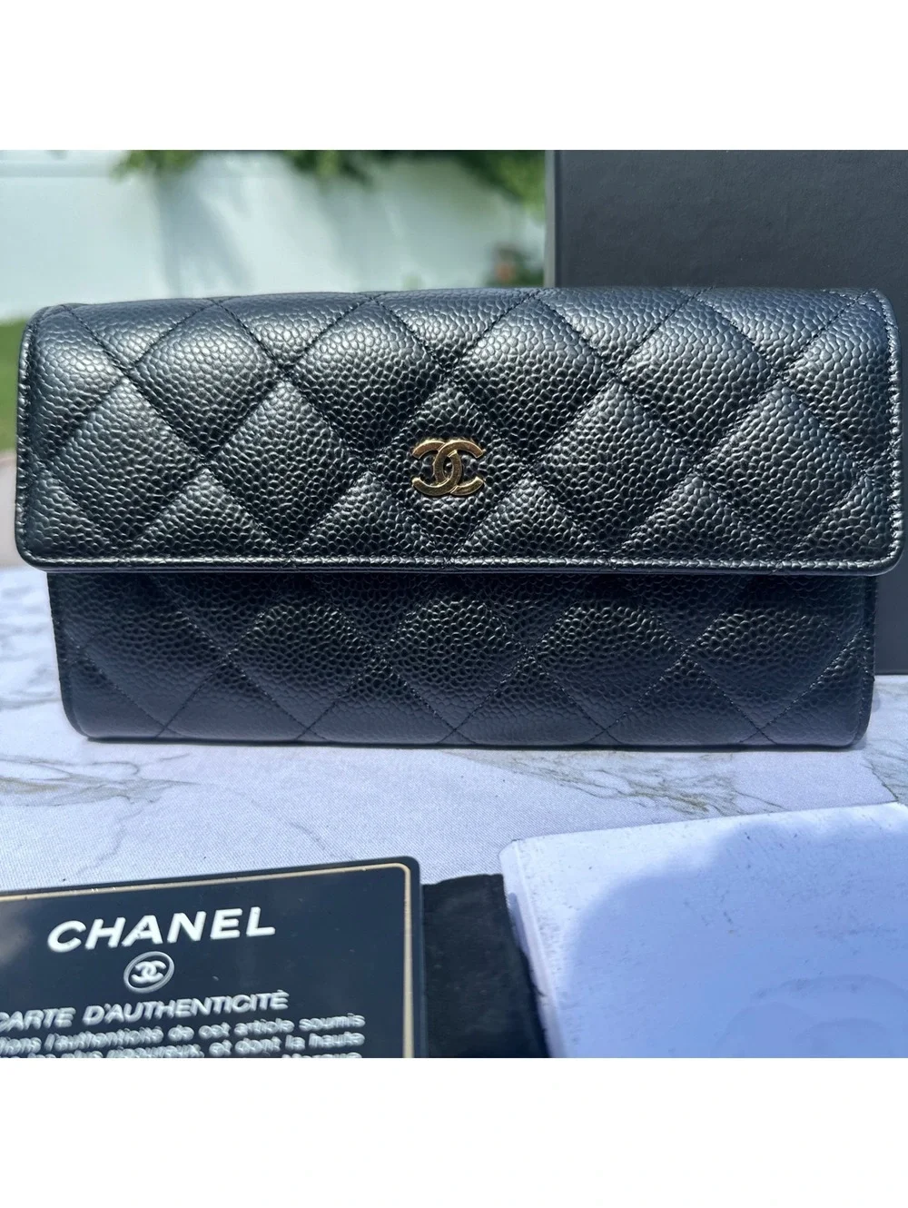 Chanel 2014 Black Caviar Quilted CC Long Flap Wallet Box